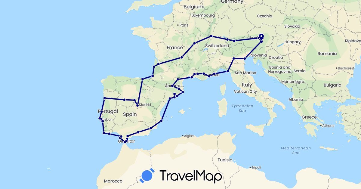 TravelMap itinerary: driving in Andorra, Austria, Spain, France, Gibraltar, Italy, Portugal (Europe)